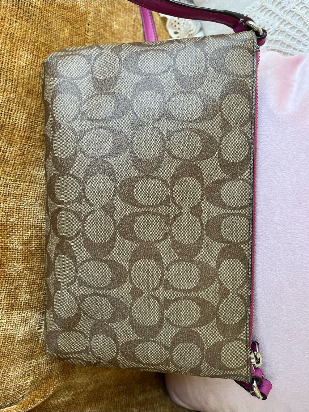 Coach Khaki Signature Crossbody with Pink Leather Trim, EUC - Picture 3 of 11